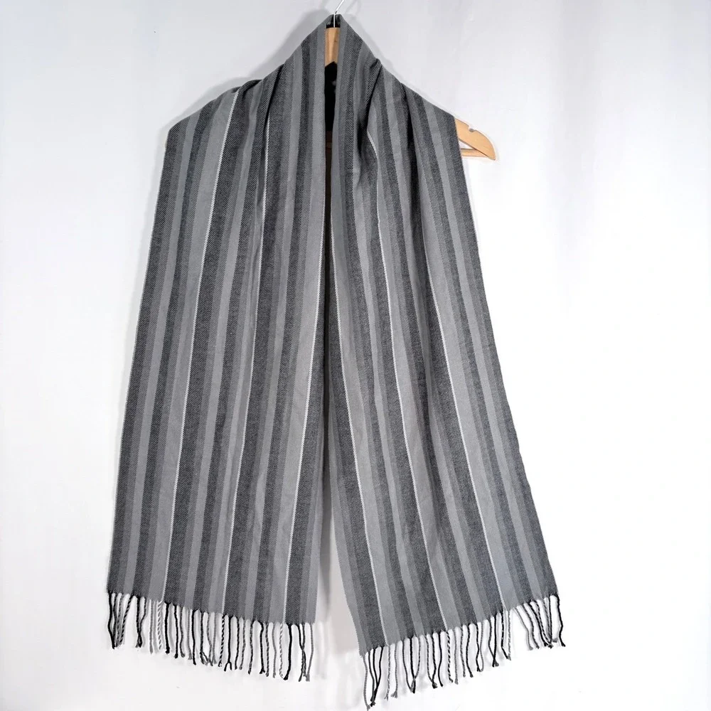 Italy Design Scarf Grey Striped Cashmere Blend Fringed Winter Wrap 12x68